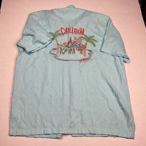 J Rowe Mens Embroidered Button Up Shirt Blue Chillaxin Short Sleeve Top Medium